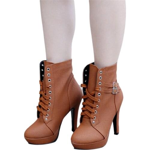 2020 Autumn Winter Women Ankle Boots High Heels Lace Up Leather Double Buckle Platform Short Booties New Black