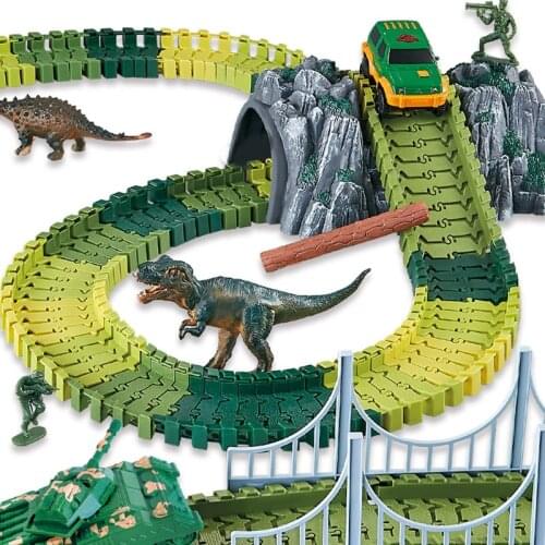 Dinosaur Electric Rail Car DIY Assembly Racing Car Children Electric Educational Car Toys for Children Birthday Christmas Gifts