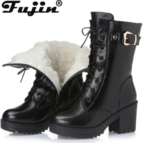 Fujin Genuine Leather Cow Wool Winter Warm Women Ankle Boots Chunky Heel Platform Motorcycle Lace up Motor Booties Footwear
