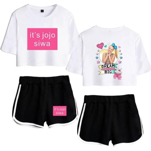 JOJO SIWA Exposed Navel White T-shirt+Black shorts Clothing Hot womens two-piece sets New Casual Cotton girls two-piece suits