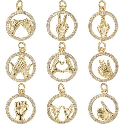 JUYA Gold Copper Necklace Pendants Hollow Zirconia Heart Peace Gesture Charms Pendant For DIY Bracelets Earrings Making Supplies