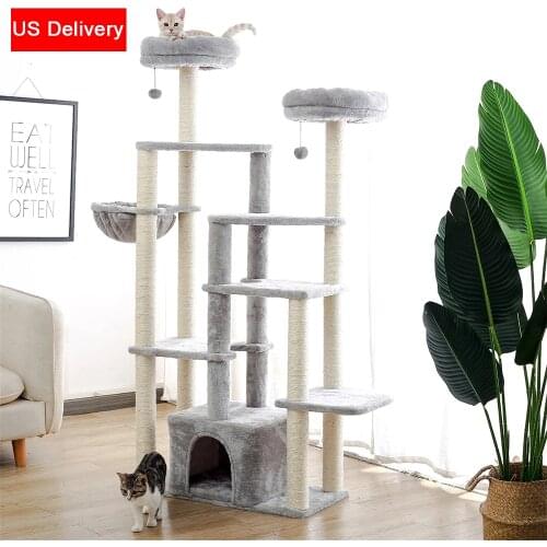 Multi-Platform 65.3’’ Cat Tree with Sisal Scratching Posts Deluxe Condo 2 Top Perches and Hammock Bed for Large Cats Toys