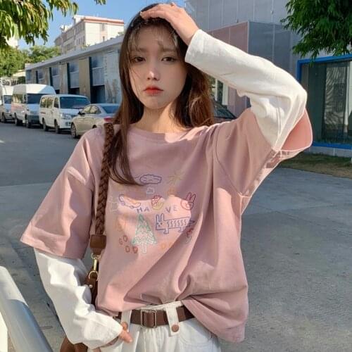 2021 new autumn pull frame cotton fake two-piece long-sleeved t-shirt female loose Korean style gentle wind thin top T-shirt
