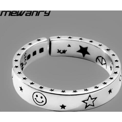 Mewanry 925 Sterling Silver Rings New Trendy Vintage Couples Star Moon Smiley Face Punk Party Jewelry Thai Silver Accessories