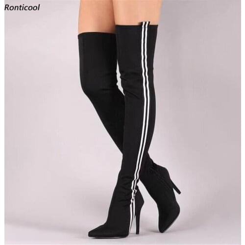 Ronticool New Arrival Handmade Women Spring Thigh Boots Satin Sexy Stiletto Heel Pointed Toe Black Party Shoes Us Size 5-15