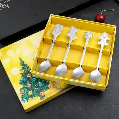 Christmas Tableware 4Pcs Stainless Steel Coffee Spoon Snowman Tree Children Tea Scoop Eat Ice Cream Dessert Scoop Creative Spoon