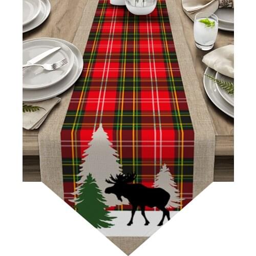 Christmas Retro Elk Plaid Texture Table Runner Luxury Wedding Table Decor Tablecloth Christmas Decorations For Home Tablecloth