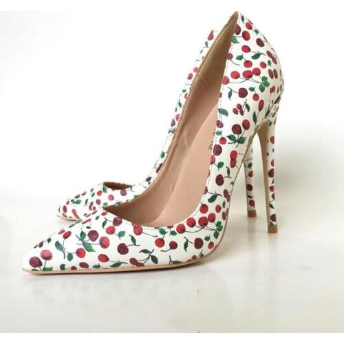 Cheery Print Sexy Pumps High Thin Heels Woman Shoes Flower Party Evening Wedding Shoes Pointed Toe Patent Leather