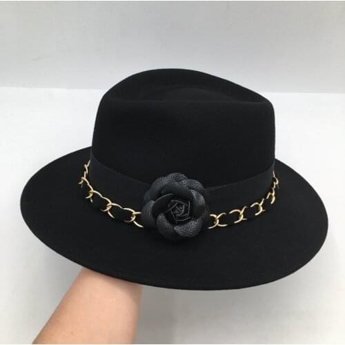 New winter British wool Hatl flower eaves wide restoring ancient ways felt hat elegant black womens fedora