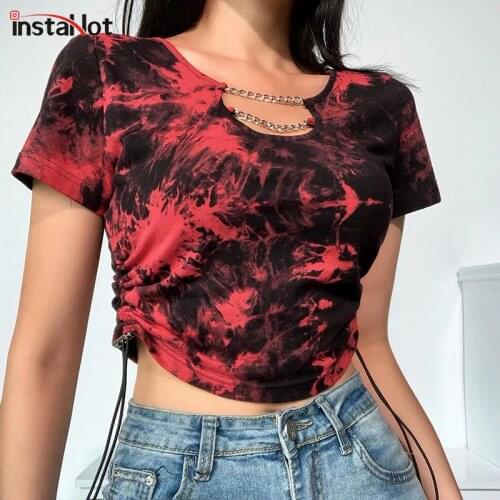 InstaHot tie dye womens T shirt gothic punk streetwear short sleeve tops summer chain drawstring side crop tops t shirt 2020