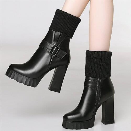 High Top Knitting Creepers Women Genuine Leather Cuban High Heels Motorcycle Boots Female Round Toe Chunky Platform Pumps Shoes