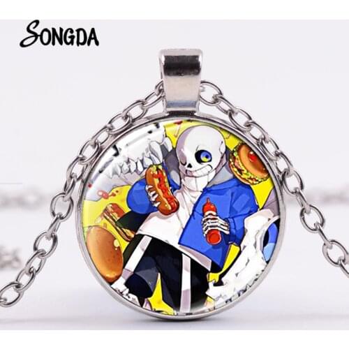 Undertale Papyrus Sans Gamer Necklace Silver Color Glass Cabochon Pendant Long Chain Cartoon Game Character Punk Jewelry