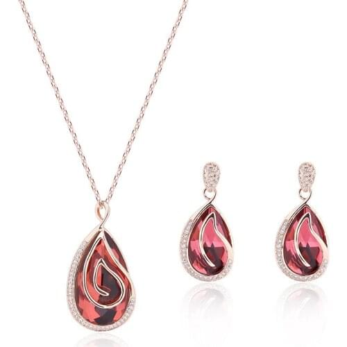 1sets Water Drop Jewelry Sets For Wedding Engagement Accessories Luxury Vortex Red Crystal Rhinestone Pendant Necklace Earrings