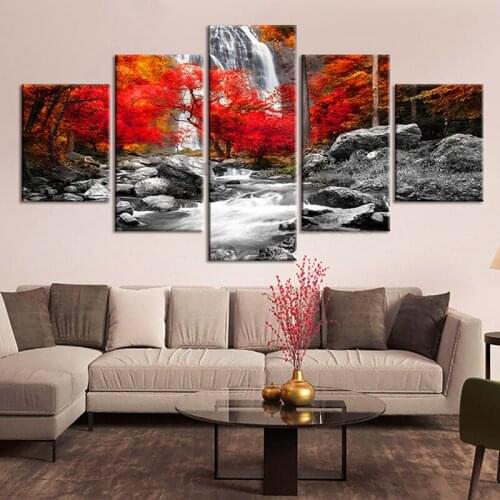 Diamond Embroidery Natural Waterfall Landscape Diamond 5D Diamond 5 Piece Painting Mosaic Full Square Round Red Maple Tree,X18