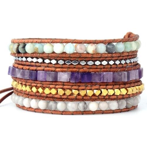 Strand Wrap Bracelet Semi Precious Stone 5X Beads Leather Strap Bracelets Native Inspired Bohemian Bracelet Gifts