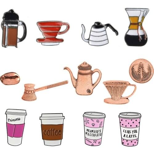 All about Coffee Enamel Pin Coffee Bean Pot Cup Latte Cappuccino Brooches Bag Lapel Pin Clothes Badge Jewelry Gift for Barista