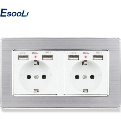 Esooli Black White Gold 2 Gang EU Standard Wall Socket With 4 USB Charge Port Hidden Soft LED Indicator Stainless Steel Panel