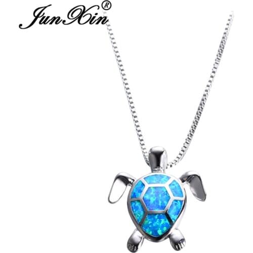 JUNXIN Women Blue Opal Turtles Necklace New Fashion Animal Wedding Jewelry Silver Color Necklaces Pendants Gift