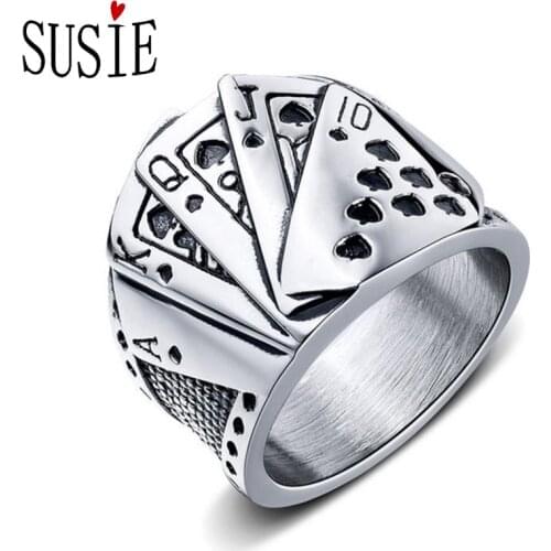 LOVE SUSIE Rings Punk Style Playing Cards Men Ring Magician Metal Accessories Party Stainless Steel Rings For Mens Jewelery Gift