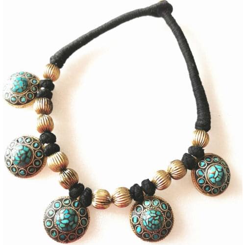 Tibetan Necklace Brass Inlaid Ching Stone Multi Statement Necklace TNL299