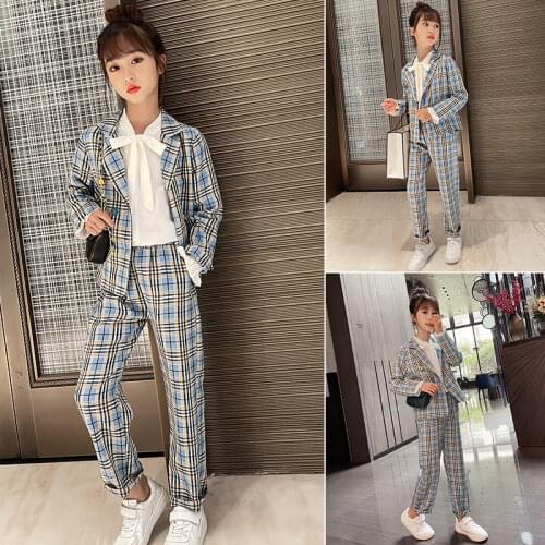 Teenage Girls Clothing Set 2021 Spring Girls Plaid Suit Jackets + Pants School Tracksuit Girls Blue Pink Clothes Outfit 12 Years
