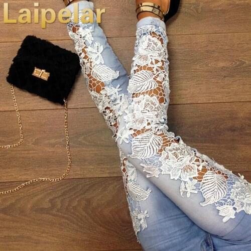 Laipelar Fashion Ladies Lace Floral Splice High Waist Jeans Hollow Out Casual Womens Denim Pencil Pants