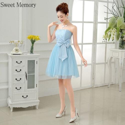M329 Sky Blue Short Bridesmaid Dress 2021 Champagne Red White Purple Pink Dresses Women Vestidos Prom Robes Bow Sweet Memory