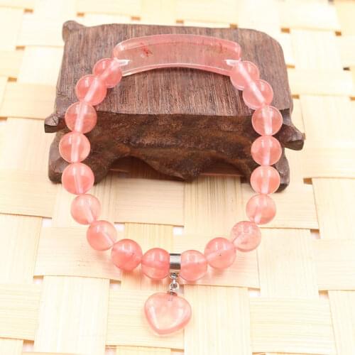 FYSL Silver Plated Cute Heart Connect Cherry Quartz 8 mm Round Beads Elastic Bracelet Opalite Opal Jewelry