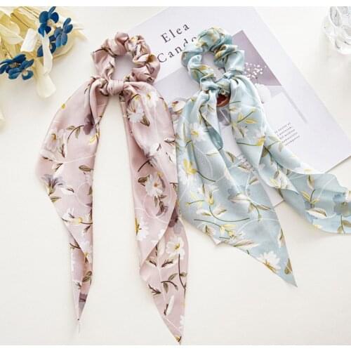 Fashion Flower Print Bow Satin Long Ribbon Ponytail Scarf Hair Tie Scrunchies Women Girls Elastic Hair Bands Hair Accessories