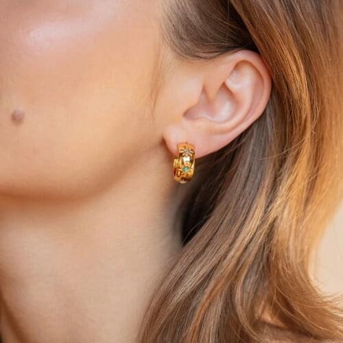 Gold Color Blue Fire Opal Stone Starburst Band Circle Hoop Fashion Women Earrings