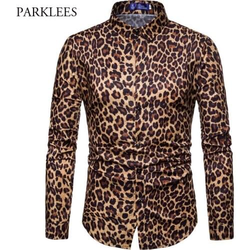 Mens Classic Leopard Print Shirt Male 2018 New Stylish Casual Long Sleeve Slim Fit Dress Shirts Mens Nightclub DJ Stage Camisa