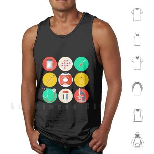 Tools Icons Set. Background With Health Care Stuff. Tank Tops Vest Sleeveless Medicine Stuff Health Icon Set Vector Flat