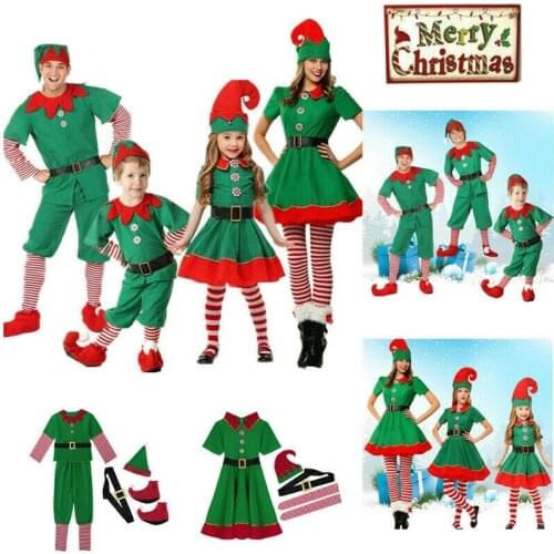 Christmas Elf Costume Party Family Christmas Role Playing Outfit Green Santa Claus Performance Clothing Fancy Dress Kids Adult