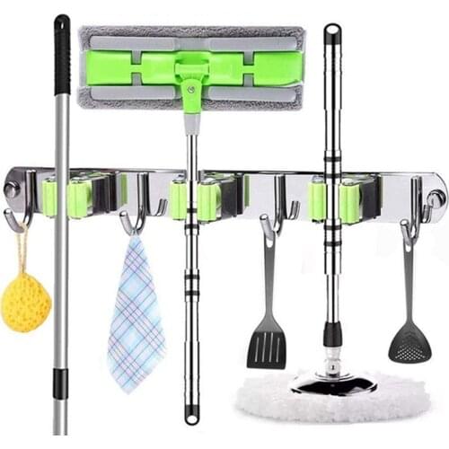 Wall Mounted Broom Holder Heavy Duty Practical Clip Mop Organizer Wall Mount Hook Stainless Steel Storage Space Saving Hanger