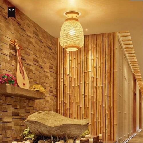 Natural Bamboo Wicker Rattan Shade Ceiling Light Fixture Japanese Asian Rustic Plafon Lamp for Hallway Corridor Balcony E27 Bulb