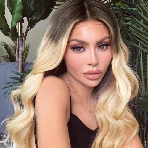 Kryssma Ombre Blonde Wigs Synthetic Long Wave Lace Front Wigs For Black Women Natural Black Cosplay Wig Heat Resistant Hair