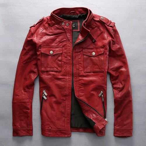 Slim fitted red leather jacket men Vegetable tanned goatskin black fashion biker jacket coat for male 2016 new arrival M-XXXL