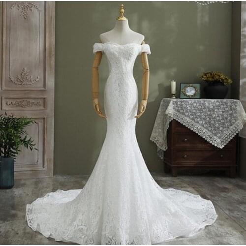 Off Shoulder Sweetheart Short Sleeve Sweep Train Mermaid Lace Wedding Dress Bride Gown Vestidos De Novia