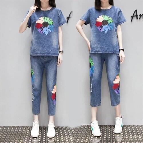 Blue Jeans Sets Tracksuits Women Pant Suits and Top Plus Siz loose tight short-sleeved style casual summer print flowrer suit