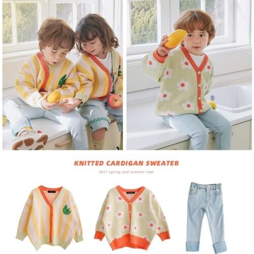 Spring Boys' and Girls' Cardigan Sweater Korean Cartoon Cartoon Baby Foreign Style V-Neck Childrens Knitted Coat 2021 NEW