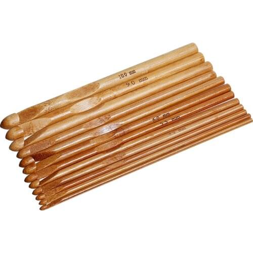 10mm-3mm Mixed Size Natural Bamboo Single Pointed Afghan Tunisian Crochet Hook Set Knitting Needles 15x1cm-14.5x0.3cm,12PCs/Set