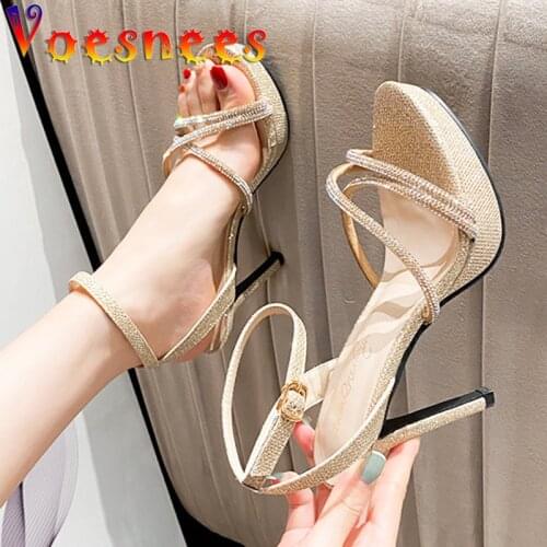2021 Summer Korean Style Chain Sandals Cross Ankle Straps Sexy Bling 10CM Thin High Heels Platform Peep Toe Roman Women Shoes
