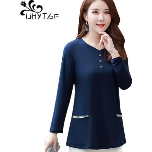 UHYTGF Women T-shirts long-sleeved casual spring t shirt harajuku Pure color V-neck pullover t shirt women clothes plus size 641