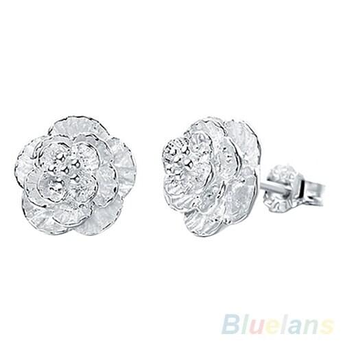 Womens Fashion Jewelry Romantic Silver Plated Flower Stud Earrings 2PIR