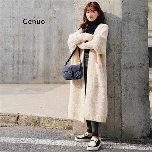 Long Cardigan Women Imitation Mink Velvet Loose Threaded Sleeve Knitted Sweater Coat Fall Fashion Pockets Cardigans