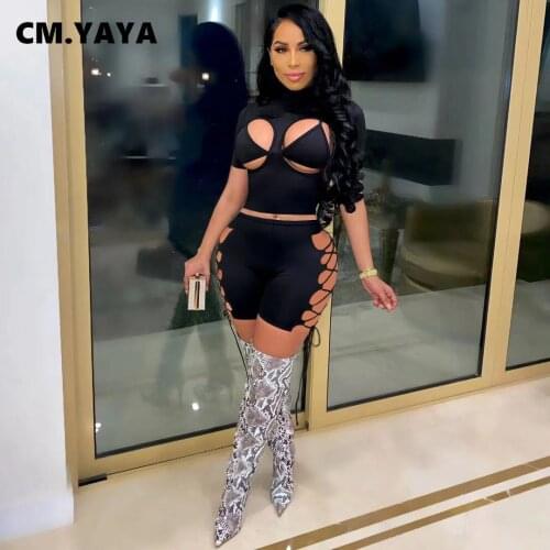 CM.YAYA Women Set Solid Bra Short Sleeve Cut Out Crop Tops Bandage Shorts Three Piece Sets Sexy Night Clubwear Summer Outfits