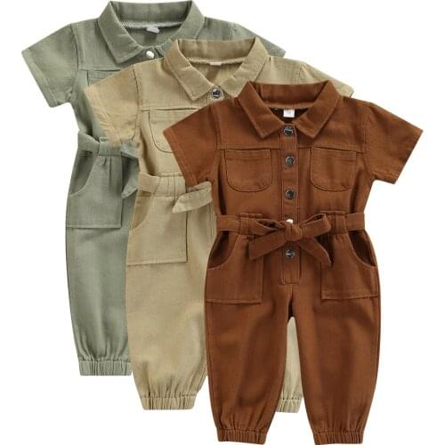 Girl’s Casual Long Sleeve Jumpsuit Fashion Solid Color Lapel Pocket Single-breasted Romper Long Pants 1-5T
