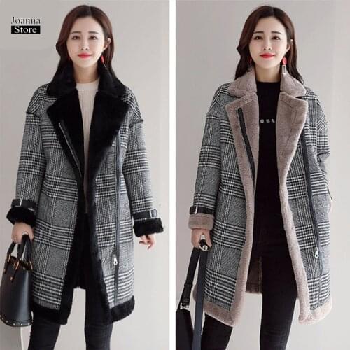 Faux Fur Wool Blend Coat Women Mid- long Coats Turn-down Collar Outwear Plaid Jacket Casual Autumn Winter Elegant Overcoat Parka