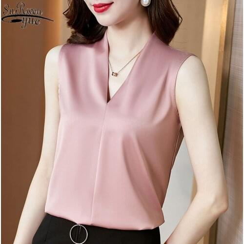 2021 Summer Sleeveless Satin Women Blouse and Tops Casual Solid Color V Neck Women Clothing Plus Size Ladies Shirts 13381