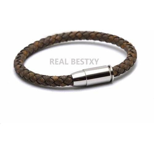 5pcs/lot Braid genuine Leather Bracelets Men Fashion Cool Stainless Steel Magnetic Clasp Wristband Bracelets Bangles leather